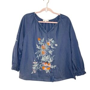 Solitaire Embroidered Floral Boho Peasant Top Cottagecore Blue Tassel Puff Slv M